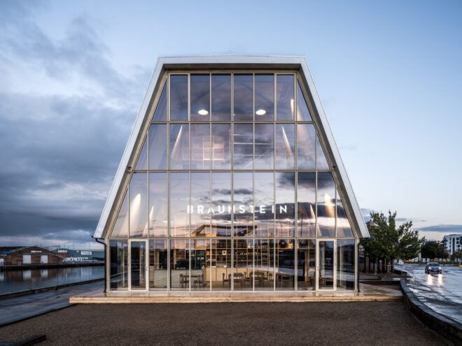 brewery building with a glass facade