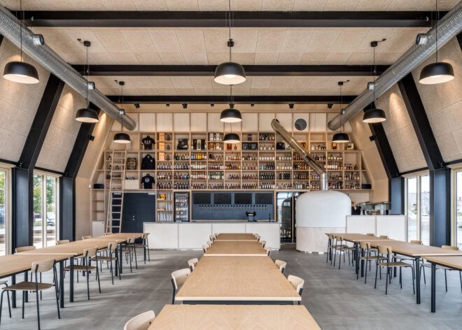 wood dining tables in large room with a bar on one end