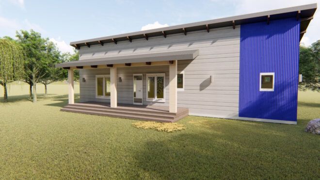 rendering of gray and bright blue home with porch