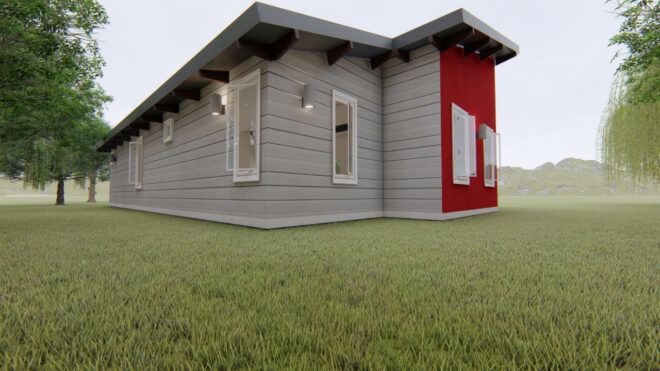 rendering of gray and bright red home