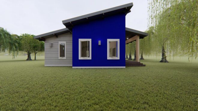 rendering of gray and bright blue home with sloped roof