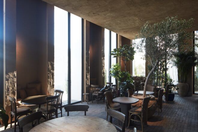 round wood tables and plants inside a cafe