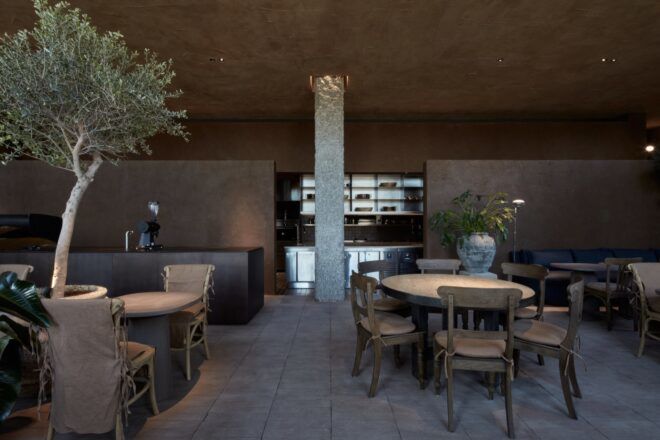 cafe with round wood dining tables