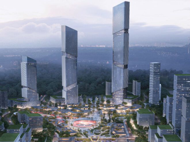 rendering of large park surrounded by skyscrapers