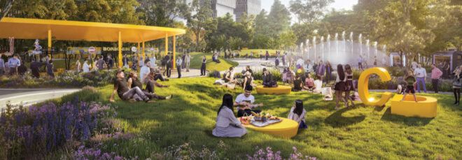 rendering of park with yellow furniture