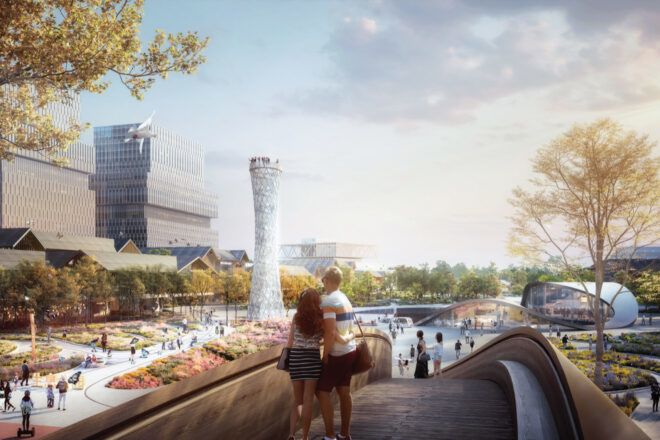 rendering of people on wood walkway in a park