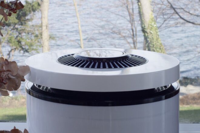 black and white round air purifier