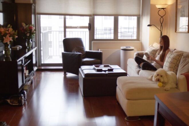 black and white air purifier in a living room
