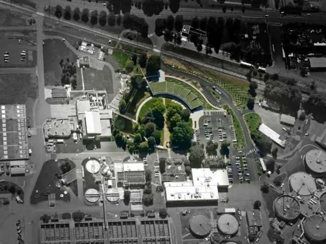 aerial view of building with green roofs