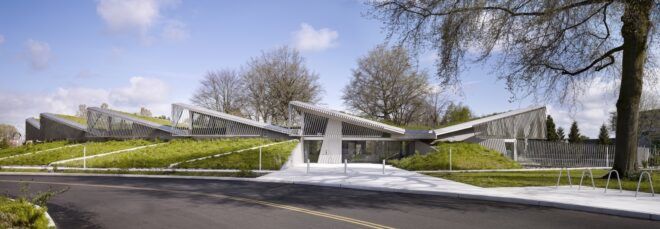 building with multiple slanted roofs