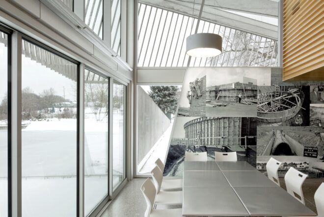 gray meeting room with large windows