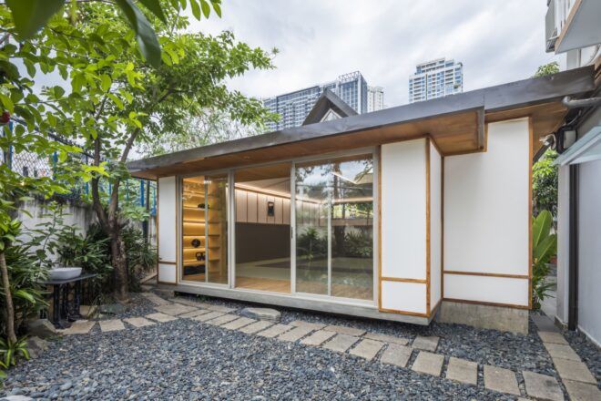 dojo glass doors opening to a courtyard
