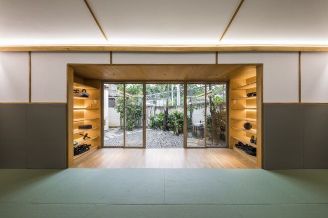 glass doors with shelving on either side