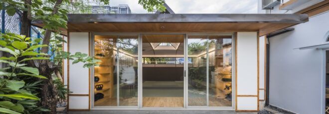 small dojo building with sliding glass door