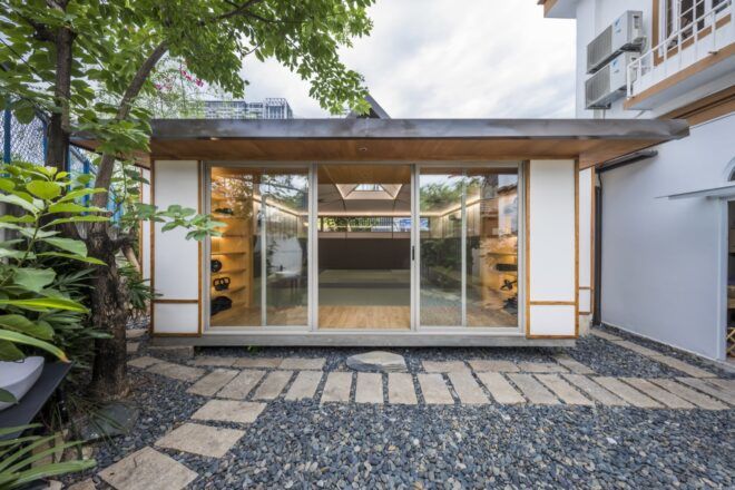 small dojo building with sliding glass door