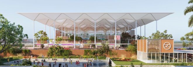 rendering of large airport building with zigzagging roof