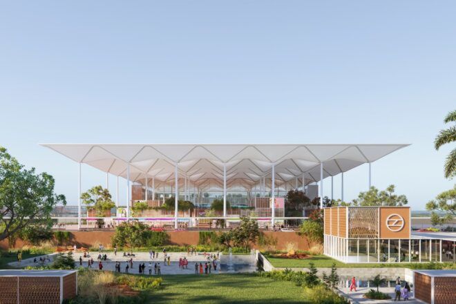 rendering of large airport building with zigzagging roof