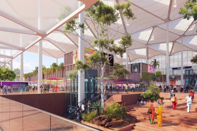 rendering of airport interior filled with plants