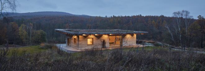 single-story cabin on grassy lot