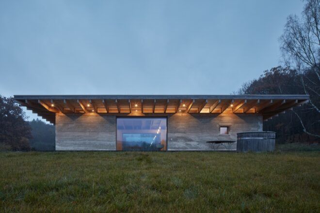 long cabin with large sliding glass doors