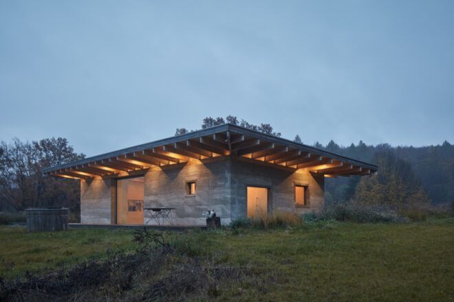hempcrete cabin with extended roof eaves