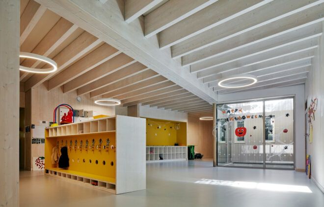 yellow cubbies in a timber school building