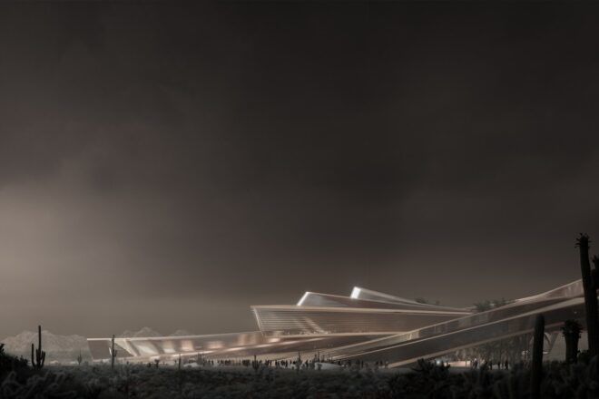 A tiered building against a dark horizon.