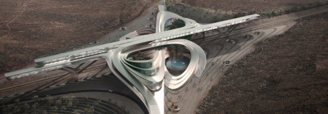 A bird's-eye view of a silver structure in a multi-loop formation.