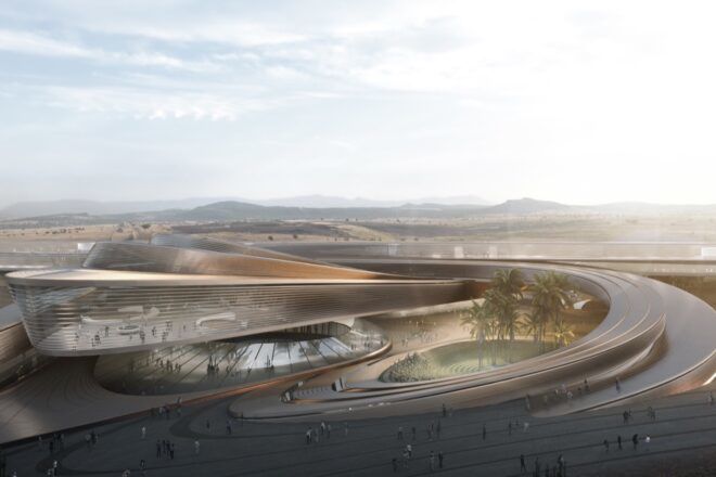 A canyon-like structure with buildings and oases within.