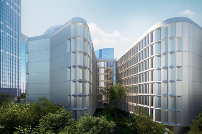 glass building with curved building