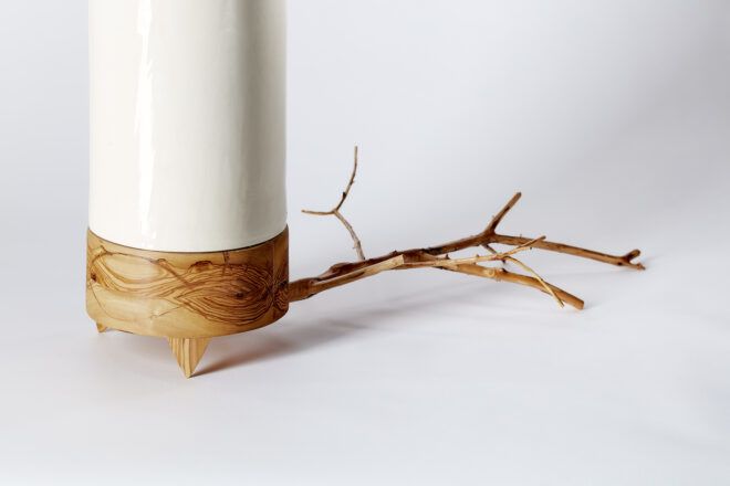 A brown root emerging from the planter's base.