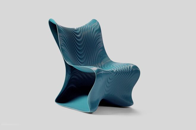 A dark turquoise 3D-printed chair with a wavy design and texture.