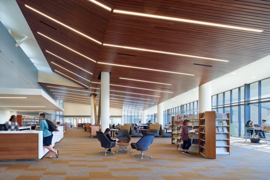 blue chairs and shelves of books in room with glass walls and dark wood ceilings