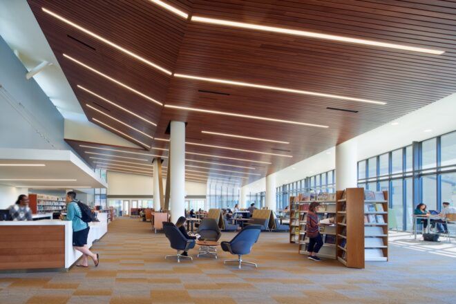 blue chairs and shelves of books in room with glass walls and dark wood ceilings