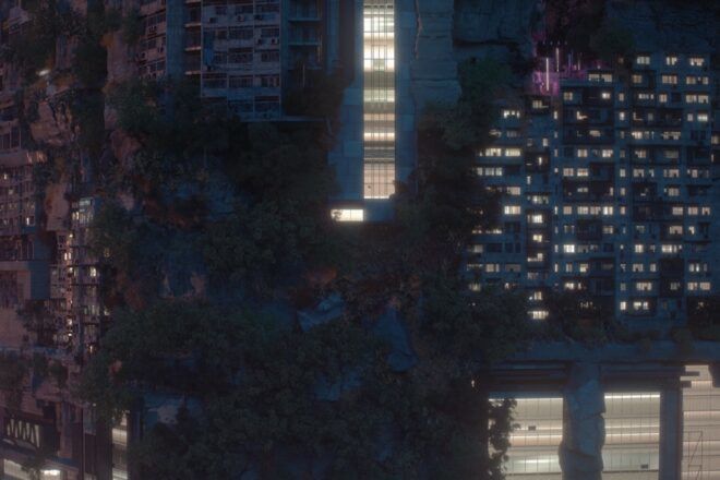 rendering of trees growing over a skyscraper
