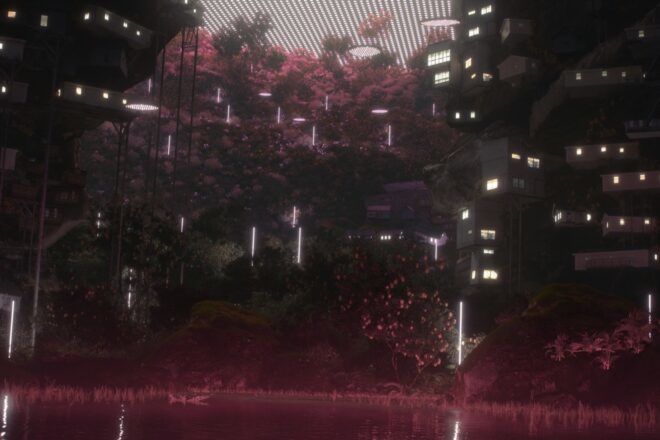 rendering of trees growing around a pond with skyscrapers in the background