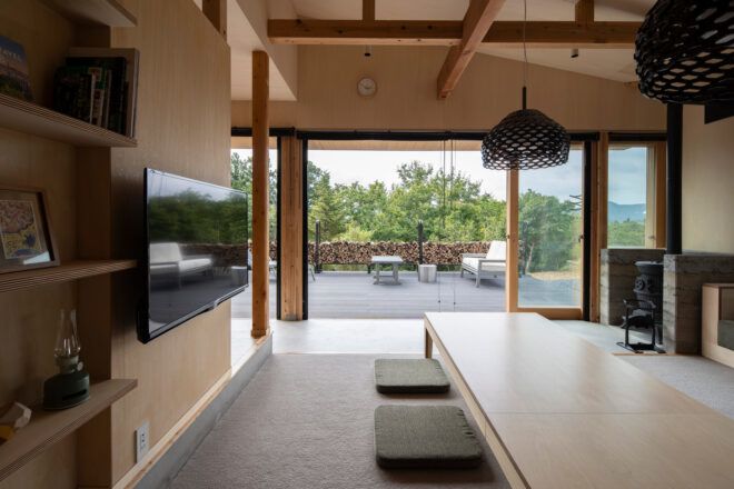 floor seats around low wood table