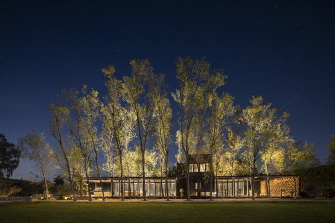 trees surrounding a glass home