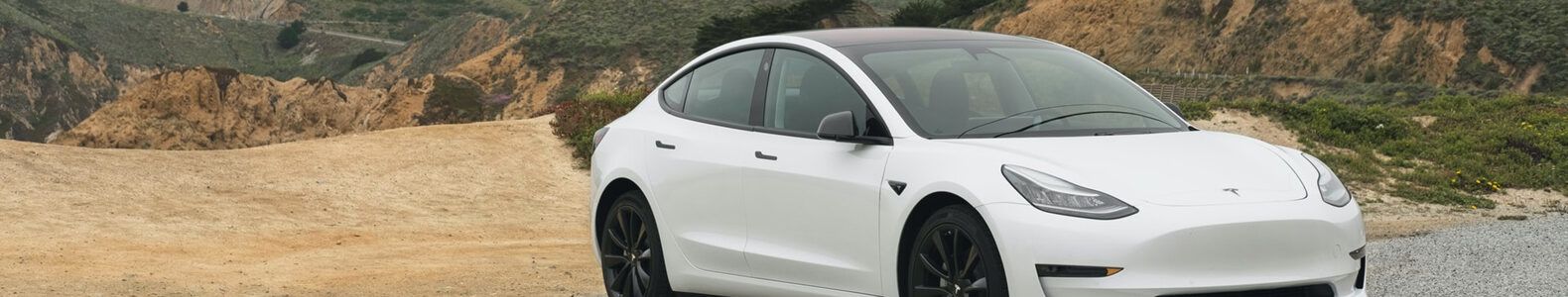white Tesla parked near mountainous landscape