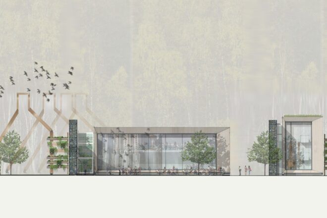 drawing of vertical gardens next to rectangular buildings