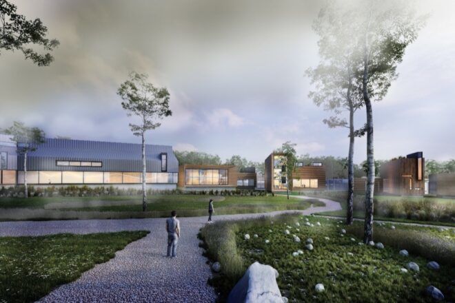 rendering of people walking on path toward wood and metal visitors center