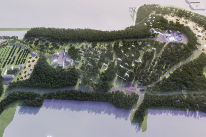 map of buildings and trees dispersed across large area