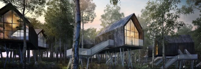 rendering of gabled cabins on stilts in a forest