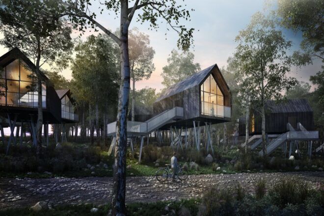 rendering of gabled cabins on stilts in a forest