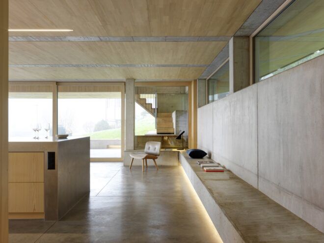 bench built into a recycled concrete home