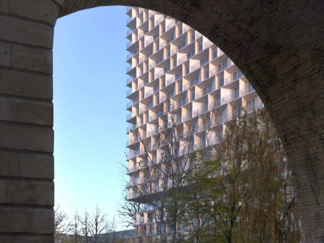 A view of the tower through an archway.
