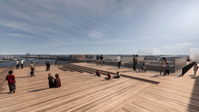 rendering of people relaxing on a timber rooftop patio