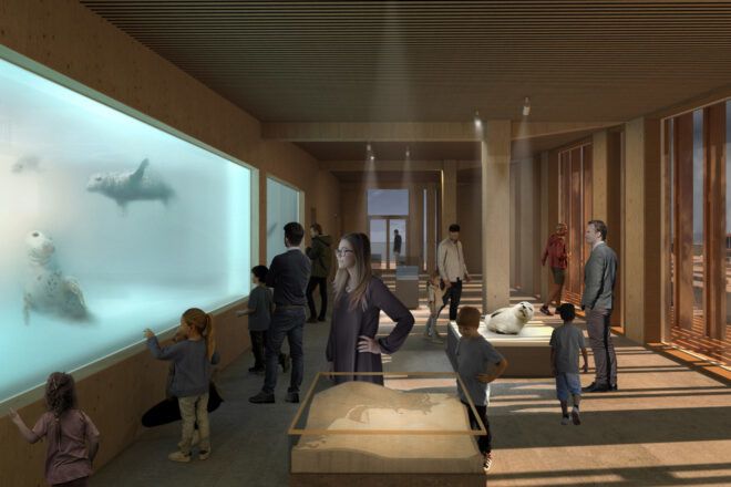 rendering of people watching sea life in an underwater exhibit space