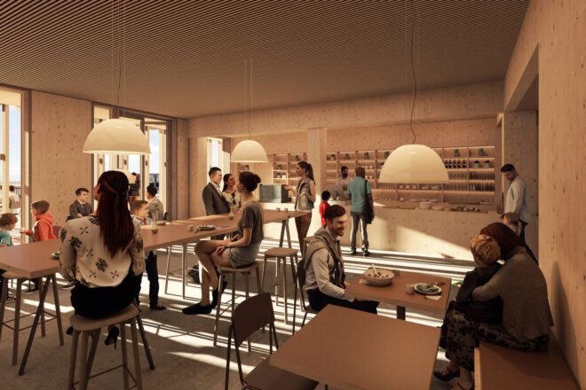 rendering of people eating in a timber-lined cafe