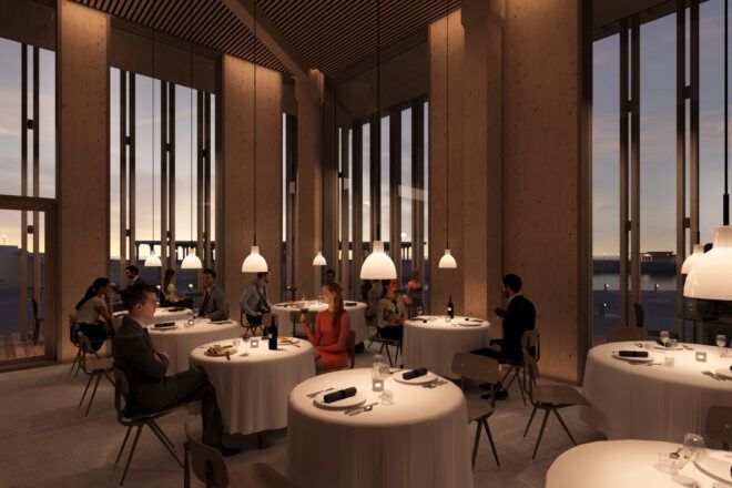 rendering of people in a restaurant with glass walls